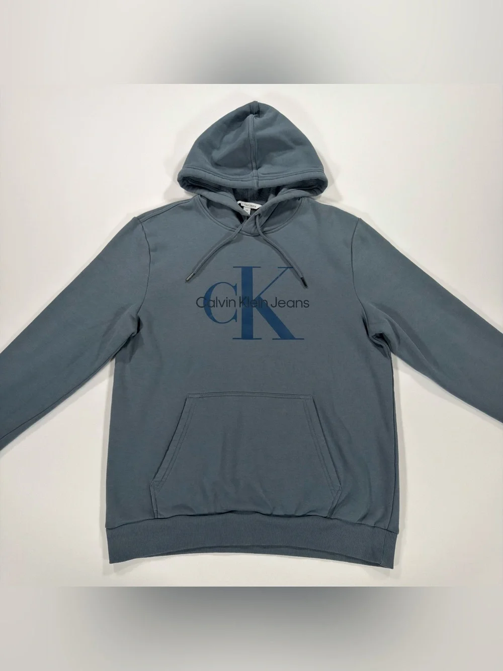 Calvin Klein Jeans Hoodie Mens M Blue Monogram Logo Fleece Pullover Sweatshirt - Picture 2 of 9